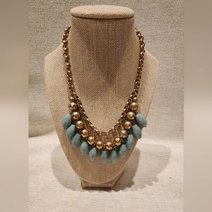 Lia Sophia Cabana Chunky Statement Necklace Gold & Aqua Beaded